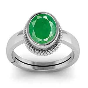 DINJEWEL 7.25 Ratti/8.00 Carat Certified Natural Emerald/Panna Gemstone Silver Adjustable Ring For Men And Women's