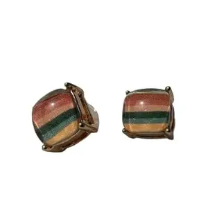 Women's Style Square Stud Earrings | Tricolor Striped Pattern Pink Green