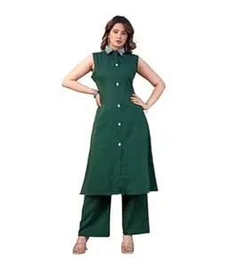 ALJUS Cotton Kurti Set | Sleeveless Kurti | Front Open Straight Long Kurti with Plazo | Stylish Ethnic Kurti Set