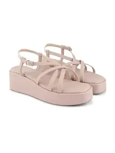 JM LOOKS Open Toe Sandals Platform Wedge Sandals with Cushioned Insole and Ankle Strap Strappy Espadrille Wedge Sandals for Women - Nude