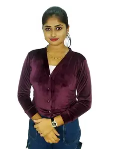 PU Fashion Stylish Winter Velvet Blouse for Women Woolen Blouse with Royal Front Button Design Versatile Koti & Crop Top Style Special for Cold Winter Purple Size 38"