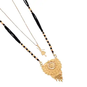 MALKYN Women's Ethnic Gold-Plated Peacock Motif Mangalsutra and Delicate Ballerina Pendant Layered Necklace Set, Traditional Black Beaded Wedding Jewelry for Women-MD-140