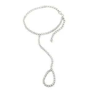 sanjog Handcrafted Silver-Plated Chain Ring Bracelet for Women American White Diamond Jewellery Gifts