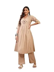 Stylum Women's Ivory Solid & Embroidered Cotton A-line Kurta Pant Set