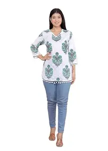 Sanket Online Store Floral Printed Straight 3/4th Sleeves Kurti Perfect for Casual, Formal, and Ethnic Wear (White-XXL)