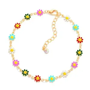 VAMA Golden Adjustable Multicolor Daisy Flower Ankle Bracelets Toes Foot Jewelry Leg Payal Anklets Charm Chains for Girls Women