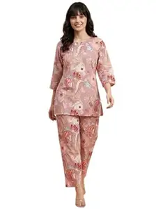 Mubeno Women's Cotton Blend Floral Printed Kurta Cord Set | Stylish Co Ord Set for Women with Straight Pant | Ethnic Kurta Set for Woman | Plus Size (S to 6XL)