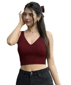 GLOWBERRY Womens & Girls Solid Ribbed V-Neck Collarless Sleeveless Slim Fit Stylish Tank Top 70% Cotton 20% Elestane 10% Polyester