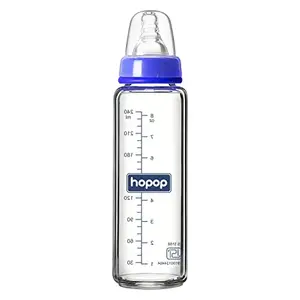 Hopop Slim Glass Feeding Bottle |Borosilicate Glass Anti Colic Nipple |BPA Free | Easy to Hold Baby Glass Feeding Bottle for 0m+ Newborn Babies/Infants/Toddler | (Dark Blue, 250 ml)