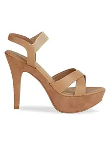 ROCIA Women's Beige Criss Cross High Heel Sandals