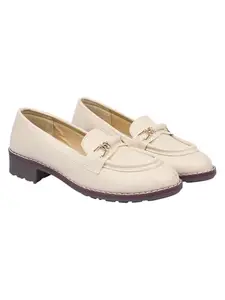Shoetopia Women’s Cream Loafers with Metal Buckle – Comfortable Durable TPR Sole, Stylish Slip-On Casual & Office Everyday Footwear EU36