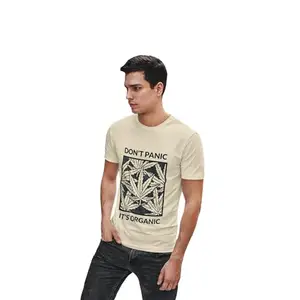 Streetfluencer Men's Regular Fit Bio-Washed Printed Round Neck T-Shirt – Pure Cotton, Half Sleeves Beige