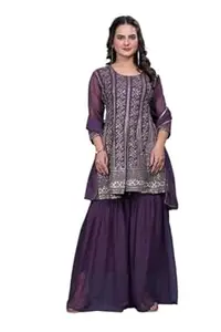 Women's Georgette Readymade Kurta & Sharara Dupatta Set Stylish Kurti Set for Women | Embroidered Work Kurta Set For Any Occasion