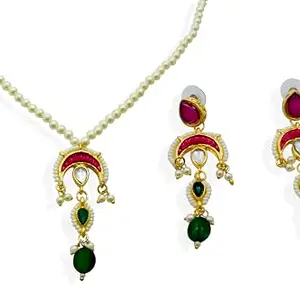 Shahi Pehanwa Traditional Pearl Necklace Set with Ruby and Emerald Chandelier Pendant, Matching Gold-Plated Earrings, White and Pink -Green (Multi color), Light weight unique Fashion Necklace set
