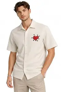 HAPPY ENDING Men's Shirt|Knitted Shirt| Half Sleeve Button Down Shoulder Casual Wear Shirt for Men | Summer Collared Neck Daily, Office Wear Nail The Heart Printed Regular Fit for Men