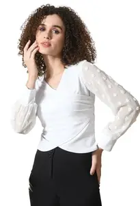 Fashion Women's V-Neck Full Sleeve Crop Top White