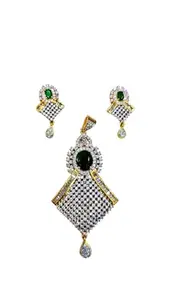 Emerald and American Diamond Pendant Set, Gold-Plated Traditional Design with Drop Earrings
