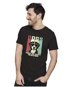 ALLEN BLACK Men's & Women's Regular Fit T-Shirt Dogs Make Me Happy - Funny Quote 100% Cotton Unise T-Shirt Black_DGSOMUH09-Black M Men Round_
