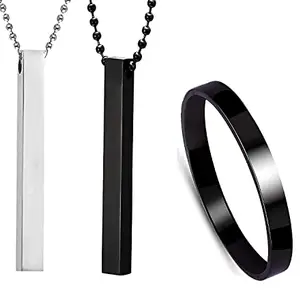 FOREVER BLINGS Men's Stainless Steel Jewellery Set Combo Pack of 2 Cuboid Vertical Bar Pendant With Black Finish Full Kada Bracelet For Boys and Men
