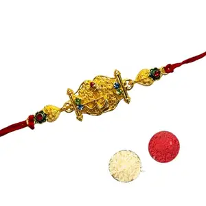 Traditional Golden Rakhi with Multicoloured Stones, Sacred Thread for Raksha Bandhan with Roli Chawal