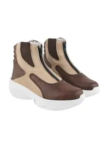 Shoetopia Women's & Girls Stylish Ankle Length Casual Boots with Zipper | Comfortable Slip-Resistant Sole | Brown & Beige Leatherette Sneakers Boots EU38