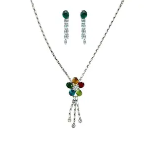 ACCESSHER American Diamond Necklace Set- Elegant Flower Pendant Necklace with Matching Earrings For Women And Girls (Multi-Color)