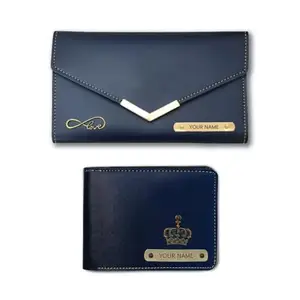 SAVRI Personalized Leather Men's Wallet and Women's Clutch Combo - Custom Name Engraved - Ideal Gift Set - Stylish - Perfect for Birthdays, Anniversaries, and Special Occasions - Blue Color