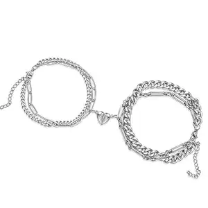 Bling Queen Unisex Silver Plated Magnetic Heart Bracelets with Charm for Couples