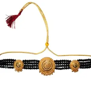 Traditional Gold-Plated Choker Necklace with Black Crystal Beads, Ornate Circular Medallions, Red Tassel (choker)