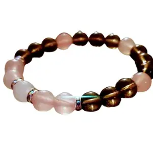 RRJEWELZ Natural Smoky Quartz, Rose Quartz & Clear Quartz 8mm Round Shape Smooth Cut Beads 7.5 Inch Stretchable Bracelet For Men & Women. Unisex Bracelet For Healing, Meditation & Luck|STBR_RR_08282_7.5