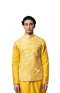 PATR CHAITANYA Yellow KATAN Embroidered BUNDI (in, Alpha, 2XL, Regular, Yellow)