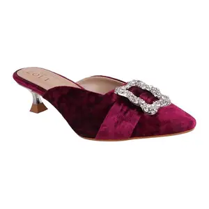 Women's Velvet Mule Slippers with Crystal Buckle, Kitten Heel (Red, UK Footwear Size System, Adult, Women, Numeric, Medium, 9)