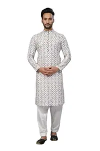 Utsav Fashion Long Sleeves Collared Straight Kurta Pajama Set for Men (L) White