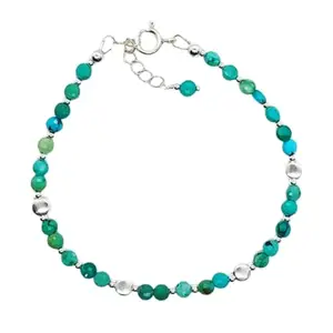 RRJEWELZ Turquoise Round Beaded Bracelet – Faceted 3.5mm Blue Stones with Silver Lock – 7 Inch Adjustable link Bracelet for Men & Women|LCBR_RR_06528