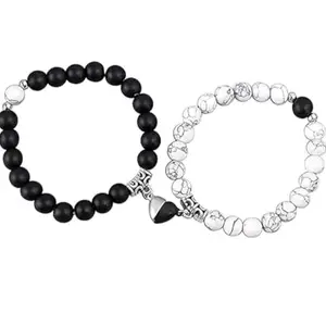 Karishma Kreations Couple Bracelets Black & White Red Natural Stone Onyx Stretchable Wrist Band Heart Magnetic Bracelet For Women Men Boys Girls Love Gifts Friendship Promise Bracelets