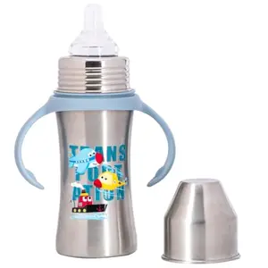 Adore Advance Magnus Printed Stainless Steel Feeding Bottle with Food Grade Anti Colic Silicone Teat & Detachable Twin Handle -250 ml (Transportation)