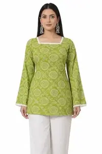 Women,s Rayon Floral Printed Tunic Top Full Sleeve with Lace Detailing