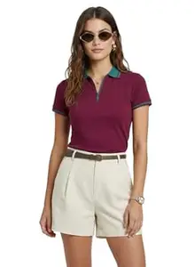 JUNEBERRY® Women’s Regular Fit Lycra Polo T-Shirt V- Neck with Zipper Collar Design, Lycra Fabric for All-Day Comfort and Easy Everyday Styling (Sizes S to 2XL)