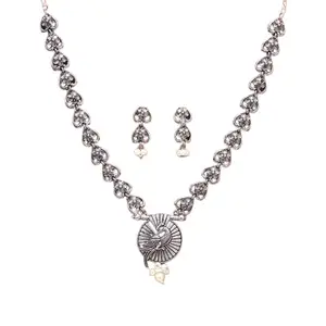 Trending Fashion Vintage Style Oxidised Silver Necklace Set with Crystal Stones, Bird Pendant and Pearl Drops, Traditional Jewellery Set for Women/Girls.