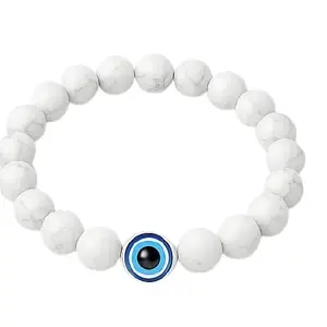 Marble Beaded Bracelet with Evil Eye Charm, (White, Pack of 1)