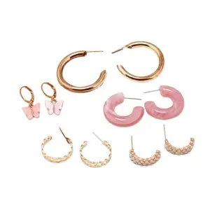 Brijsun Innovations 6-Pair Hoop & Stud Earring Combo Set for Women & Girls – Pink Butterfly, Pearl, Gold & Resin Hoops | Trendy Fashion Jewelry for Gifting