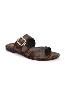 egoss Premium Croc-Textured Leather Toe-Ring Sandals for Mens, Stylish Ethnic Flats with Buckle Strap for Casual (Black, 7)