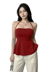 TIVANTE Women's Halter Neck Peplum Top, Sleeveless Backless Fitted Top