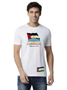 Free Palestine Graphic Print T-Shirt, White, Round Neck (in, Alpha, L, Regular, White)