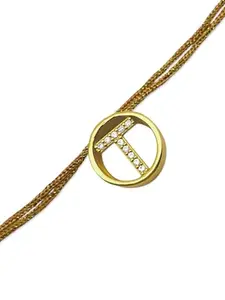 Digital Dress Room T Letter Gold Plated Barrel Shape AD Initial Name Thread Rakhi Lumba for Raksha Bandhan Festival | Rakhee Celebration Bracelet Online for Bhaiya, Bhabhi, Brother, Sister In law