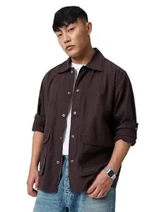 The Souled Store Utility Shacket: Pecan Men and Boys Long Sleeve Spread Collar Solid Lightweight Easy to Style Everyday Office Wear Casual Regular Fit Cotton Utility Shirt