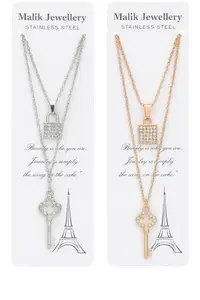 Malik Jewellery Stainless Steel Lock and Key Pendant Necklace with Crystal Stones, Silver and Gold Colour Options