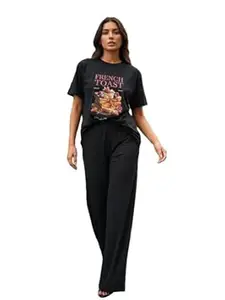 WAKE WILD Co-Ord Set for Women | Cotton Night Suit | Relaxed Fit | Printed T-Shirt & Wide Leg Pant with Pockets | Short Sleeve Round Neck | Stylish Loungewear & Travel/Holiday wear