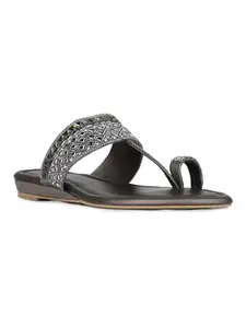 Inc.5 Womens Pewter Embellished One Toe Ethnic Flats Sandals
