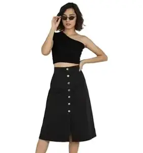 Women’s Denim A-Line Midi Skirt High Waist Front Button Casual Comfortable Summer Outfit Black 26